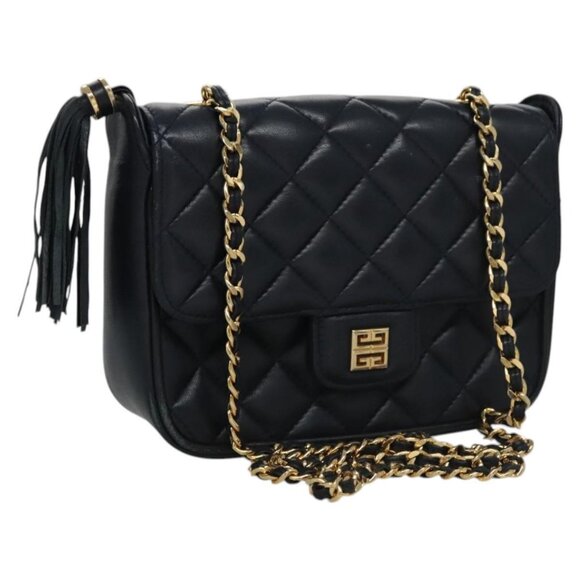 GIVENCHY Chain Shoulder Bag Leather Navy Gold Auth